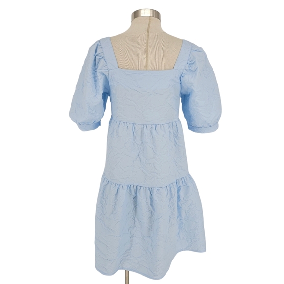 Mud Pie Barbara Tiered Shift Dress Blue Floral Jacquard Puff Short Sleeve Small - Picture 5 of 8